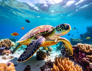 Obraz premium Colorful sea turtle in a coral reef environment