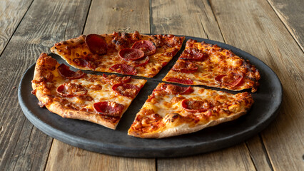 pizza service on wooden table