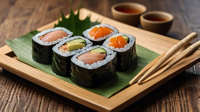 Sushi Delight: A captivating close-up of freshly made sushi rolls with a variety of ingredients, presented on a wooden board and served with chopsticks and tea.