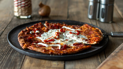 pizza service on wooden table