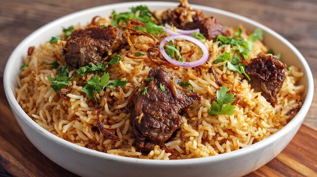 Pakistani mutton pulao cooked stock and whole spices garnished with fried onions and coriander authentic South Asian rice dish stock