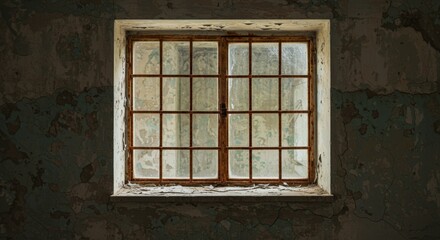 An old, weathered window set into a textured, dark wall, hinting at a forgotten space or a historical building