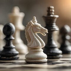 Fototapeta premium Close-up of a detailed white knight chess piece in sharp focus, surrounded by other black and white chess pieces, symbolizing strategy, planning, and intellectual challenge. 