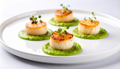 Gourmet fine dining dish: perfectly seared scallops plated on vibrant green pea purée, garnished with delicate microgreens, arranged elegantly on a minimalist white plate. Photographed in a profession