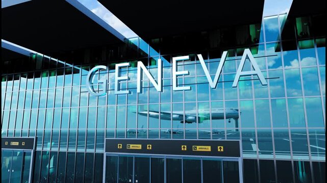 Airlane landing at Geneva. Arrival in the city with reflection of airport and aircraft