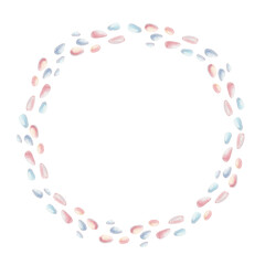 Wreath of small pink, yellow, blue and sea stones on a white background. Watercolor illustration in a round frame, hand-drawn for invitation templates, stickers, greeting cards in a nautical style.