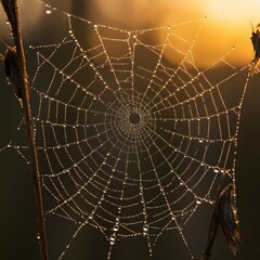 Obraz premium A delicate spiderweb covered in morning dew droplets glistens in the golden sunlight