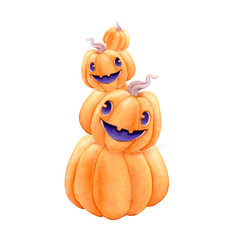Watercolor illustration of three stacked smiling pumpkins with purple mouths on white background. Cute Halloween style, perfect for holiday cards, decorations, party invites, or seasonal designs.