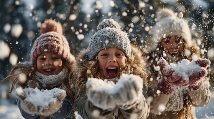 Three joyful children, wearing winter hats and scarves, are playing in the snow, throwing snowflakes into the air, capturing the essence of winter fun and happiness