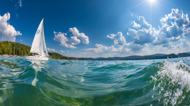 A sailboat is sailing in the ocean with a clear blue sky above