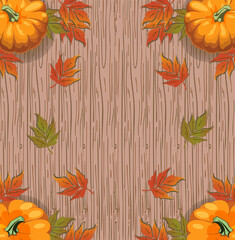 Festive autumn background with pumpkins and colorful fall leaves on rustic wooden texture, perfect for Thanksgiving, harvest, and seasonal designs.
