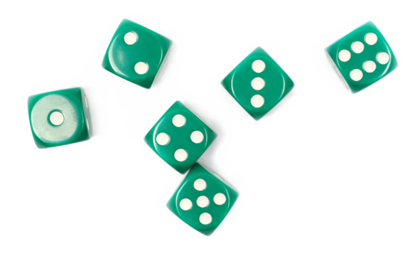 scattered gambling dice, isolated on white background, top view
