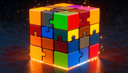 Vibrant multi-colored puzzle cube glowing with energy, symbolizing connection and problem-solving.
