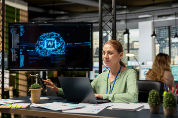 IT company manager uses AI automation and deep learning for performance forecasting, strategic planning in a modern multinational company focused on expansion and productivity. Growth.