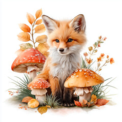 Cute Fox with Mushrooms and Autumn Leaves.  Illustration