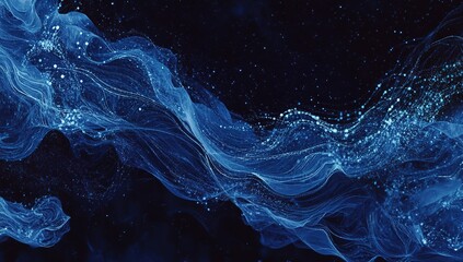Abstract blue digital waves background with dots and lines, on a dark blue background. Big data visualization, artificial intelligence concept. High-quality photo.