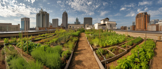 Rooftop urban farm with raised vegetable beds, herbs, and solar-powered irrigation system, city skyline in the background