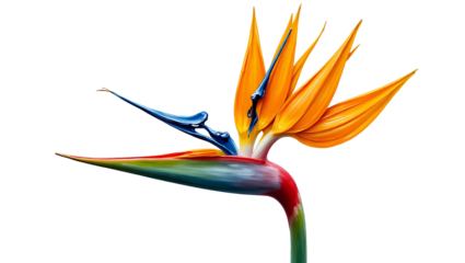 Isolated on Transparent Background — Impasto Style Bird of Paradise Flower with Orange and Red Petals, Green and Yellow Base, Blue Detail
