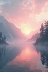 Naklejka premium Misty Morning with lake in the Valley