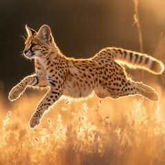 Naklejka premium Serval leaping gracefully through the air, tall grass below, golden sunlight making its fur glow, nature’s perfection, copy space. 