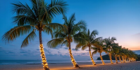 Obraz premium Tropical palm tree with glowing Christmas lights and ornaments on sandy beach at night.