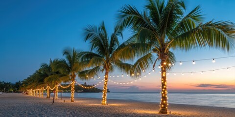 Fototapeta premium Tropical palm tree with glowing Christmas lights and ornaments on sandy beach at night.