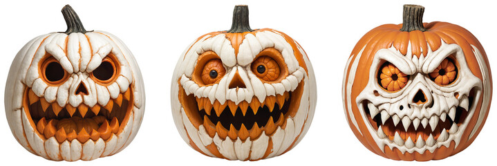 Spooky Halloween Pumpkin Carvings: Set of Distinctly Creepy Faces in white and orange colors on a transparent background