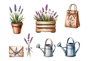  Watercolor garden elements lavender flower collection with potted plants, watering cans, and rustic gift items. © Artverza