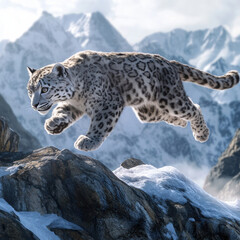 Fototapeta premium Snow leopard gracefully leaping across a rocky mountain ridge, icy peaks in the background, power and agility captured mid-motion, copy space. 