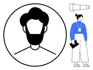 Woman in blue sweater holding clipboard, abstract male avatar profile in circle, and telescope. Ideal for team management, identity, exploration, communication, search, leadership simple flat