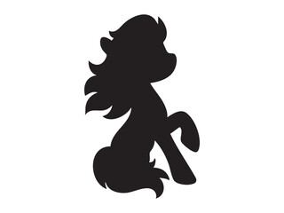 Fototapeta premium Black silhouette of pony horse isolated on white background. concept of equestrian, stallion, horse riding, farm animal, pet, cute foal, design element, logo.
