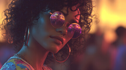 Young beautiful woman, model in an outdoor event, nightclub putting on fashionable sunglasses