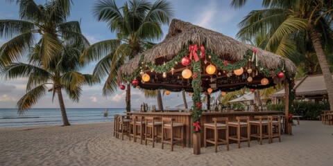 Open tropical beach bar with palm trees decorated with festive Christmas garlands and ornaments during holiday season.