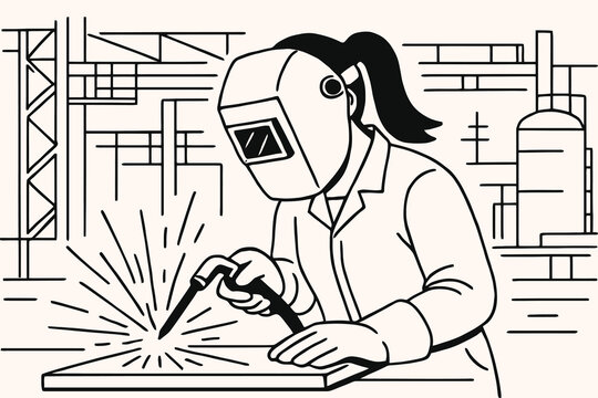 Woman welder in protective gear sparks flying while working in factory