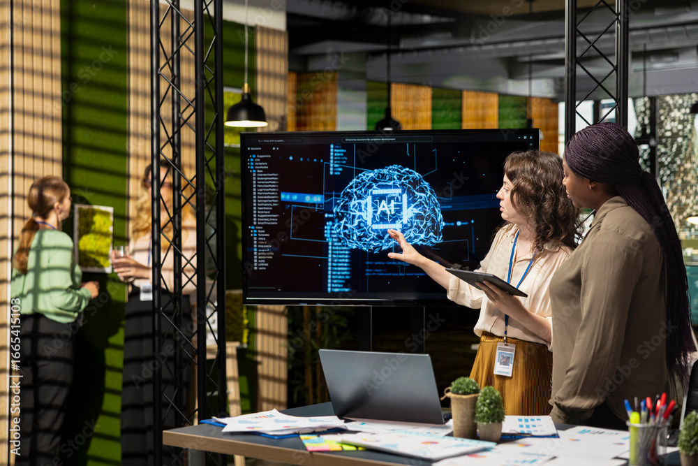 Wall mural powerful diverse team leveraging deep learning with big data algorithms, optimizing company performa