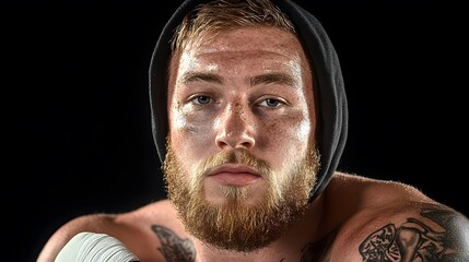 Closeup Portrait Freckled Boxer Man Hooded Sweatshirt Tattooed