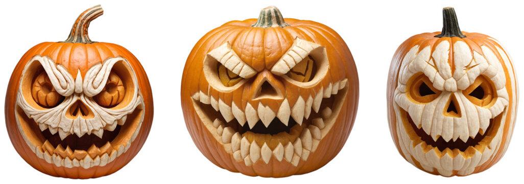 Spooky Halloween Pumpkin Carvings: Set of Scary Distinctly Designed Jack O Lanterns on a transparent background