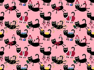 Cartoon funny cats seamless Christmas pattern for wrapping paper and kids clothes print and festive packaging