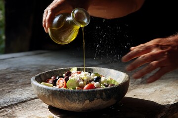 Obraz premium Culinary Delights: Olive Oil Pouring Over Fresh Salad: A culinary close-up captures the elegant moment of drizzling golden olive oil over a vibrant salad, showcasing fresh.