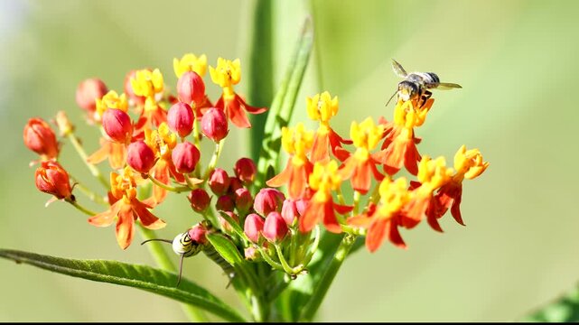 a monarch caterpillar shares a tropical milkweed plant with a bee pollinating the flowers