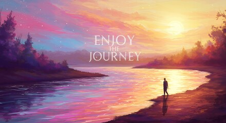 Inspirational Artistic Landscape with 'Enjoy the Journey' Text at Sunset.
