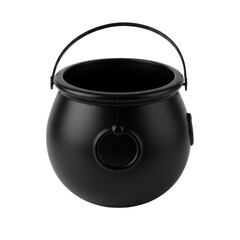 Fototapeta premium Empty, matte black plastic cauldron-shaped candy bucket, perfectly clean, on a seamless infinite white studio background. Soft, shadowless lighting, high angle. Concept of pristine product