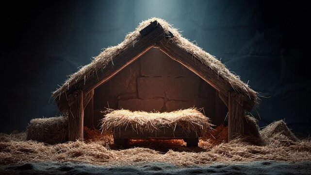 Empty nativity manger under soft light