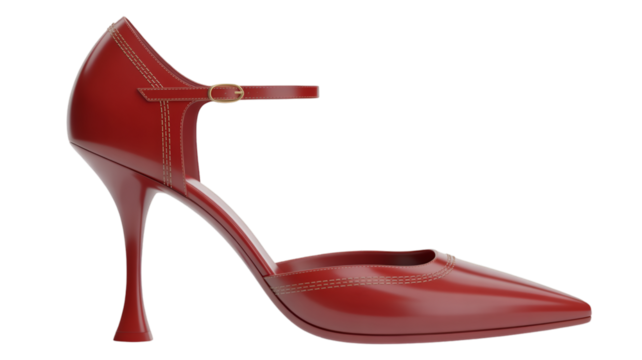 Elegant red patent leather stiletto heel shoe with ankle strap isolated on transparent background
