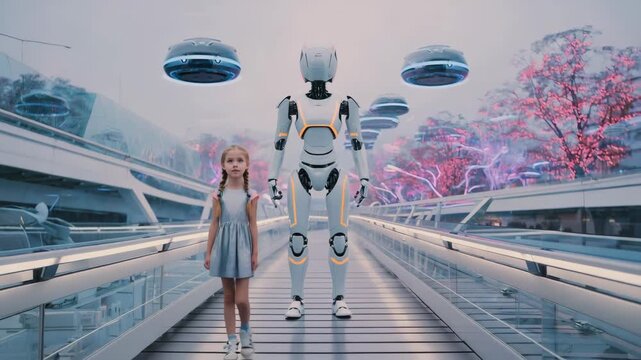 Young girl walks alongside a tall, humanoid robot on a skybridge in a futuristic cityscape, with flying vehicles hovering above and glowing pink trees lining the walkway