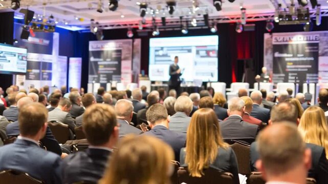 Corporate conference audience with keynote stage - Powered by Adobe