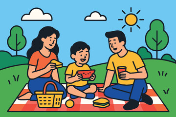 Happy family enjoying a sunny day picnic in a green park