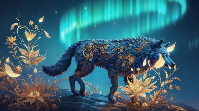 Majestic blue wolf with golden floral patterns walking through golden flowers under a mesmerizing aurora borealis in a night scene, creating a magical and enchanting atmosphere