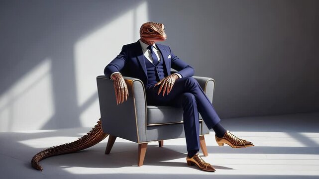Powerful reptilian businessman with golden skin and matching suit, shoes, and tie sits comfortably in a modern armchair, embodying wealth, power, and success in the business world