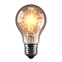 Glowing incandescent light bulb with a bright filament, symbolizing an idea or inspiration, isolated on transparent background